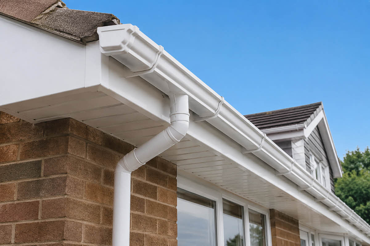 cleaned guttering spanning front of home below dormer window 1